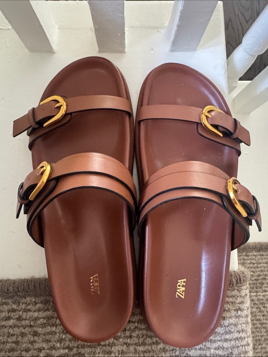 Zara Shoes - ZARA Women’s Brown Double-Buckle Slide Sandals with Gold Buckles